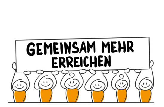 Strichmännchen halten Schild „Gemeinsam mehr erreichen“