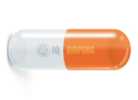 Pille mit Aufschrift IQ-Doping und stilisiertem Gehirn