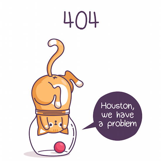 Katze steckt mit Kopf in Fischglas fest, in dem ein kleiner Ball liegt, Sprechblase „Houston, we have a problem“