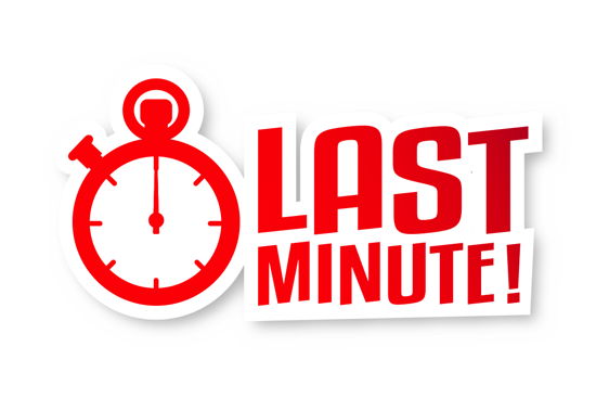 Schriftzug „Last Minute“ mit Stoppuhr