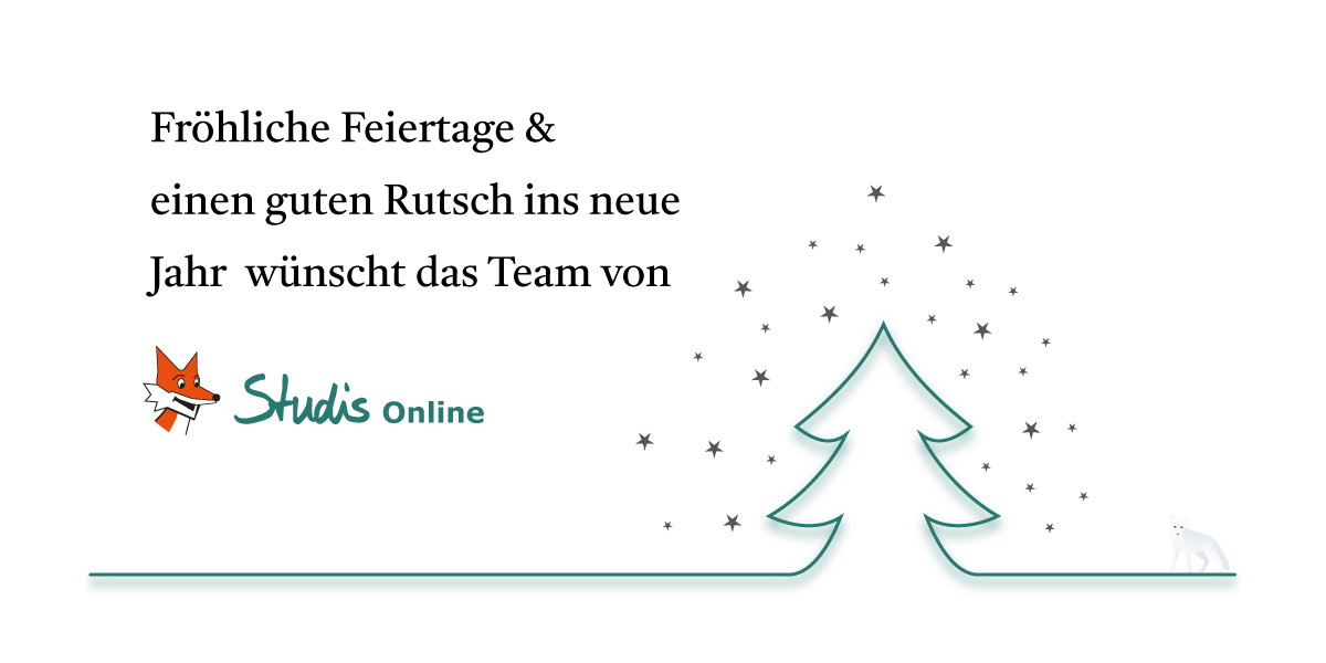 „Fröhliche Feiertage und einen guten Rutsch ins neue Jahr wünscht das Team von Studis Online“ – dazu eine angedeute Tanne umgeben von Glitzer und am Rand ein Schneefuchs
