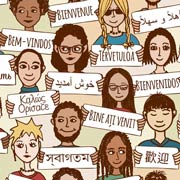 Zeichnung: Leute halten in viele verschiedenen Sprachen das Wort