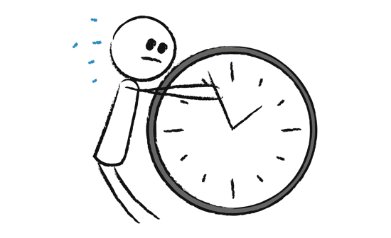 Strichmännchen versucht Zeiger einer sehr großen Uhr anzuhalten