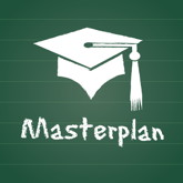 Masterplan auf Tafel geschrieben (mit Doktorhut-Symbol darüber)