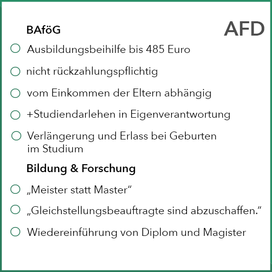 Ziele und Absichten der AFD zu Bildung & Forschung, Hochschule & Uni sowie BAföG zur Bundestagswahl 2021