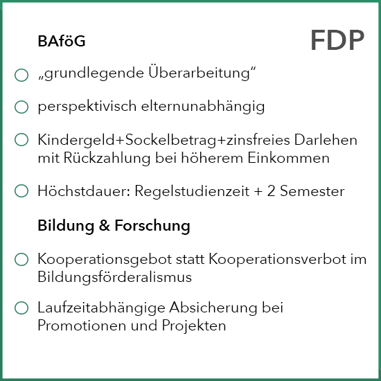 Ziele und Absichten der FDP zu Bildung & Forschung, Hochschule & Uni sowie BAföG zur Bundestagswahl 2021
