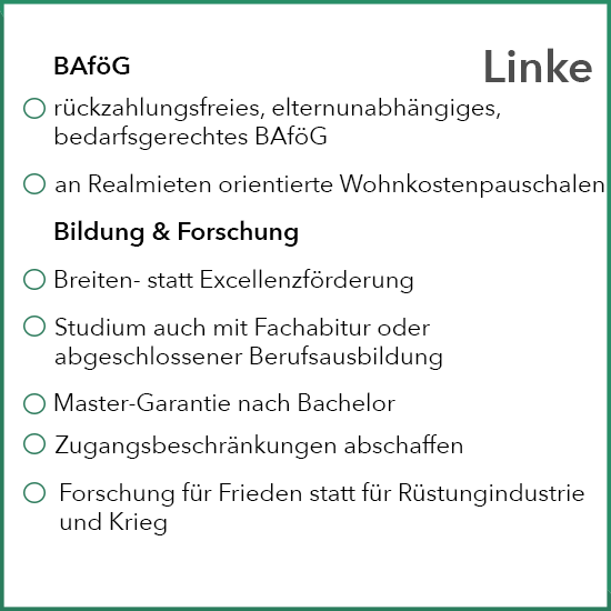 Ziele und Absichten der Linken zu Bildung & Forschung, Hochschule & Uni sowie BAföG zur Bundestagswahl 2021