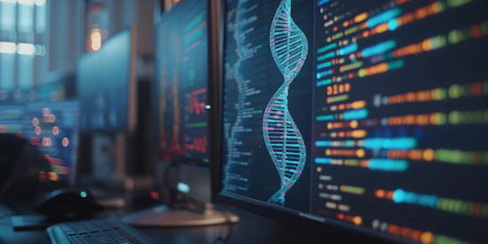 Computerbildschirme mit der Darstellung von farbigen DNA-Strängen und weiteren Informationen [Generiert mit KI]