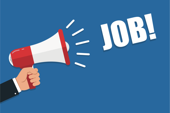 Illustration: Hand hält Megaphone, aus dem „Job!“ schallt