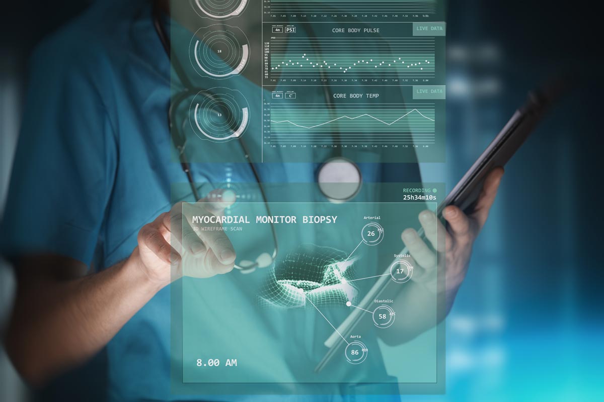 Abstraktes Bild mit Grafik und Mensch, der ein Tablet hält