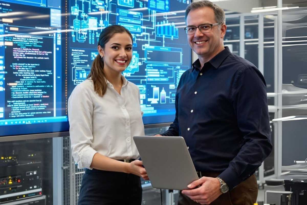 Man und Frau vor Bildschirm