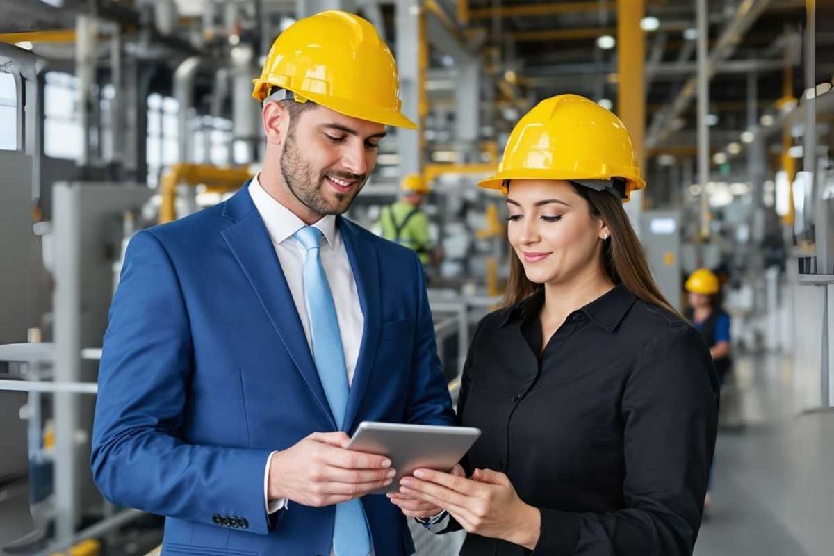 Mann und Frau mit Helm