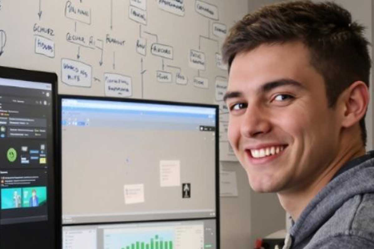 Mann mit Bildschirmen