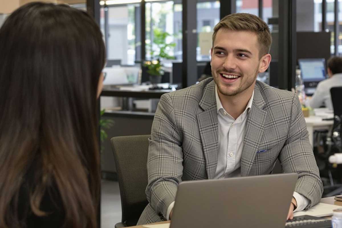 Mann mit Laptop lacht