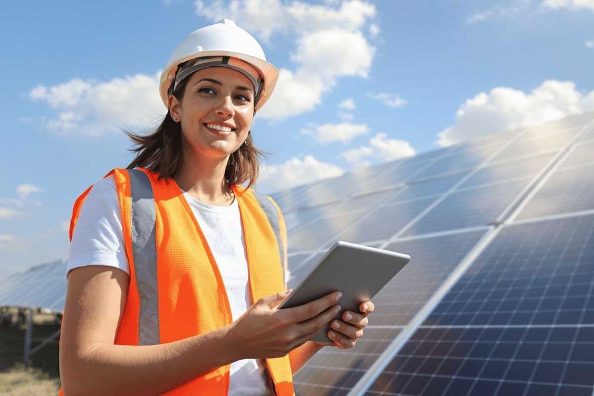 Frau vor Solarpaneelen