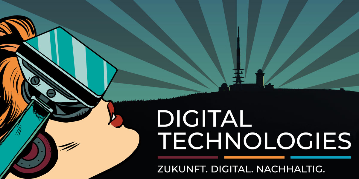 Grafik des Studiengangs. Eine Frau mit VR-Brille, daneben der Schriftzug: