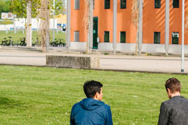 Studis sitzen auf dem Campus