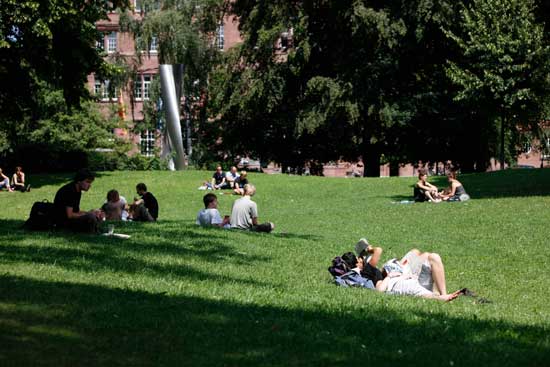 Studierende auf einer Wiese vor der Universität Freiburg