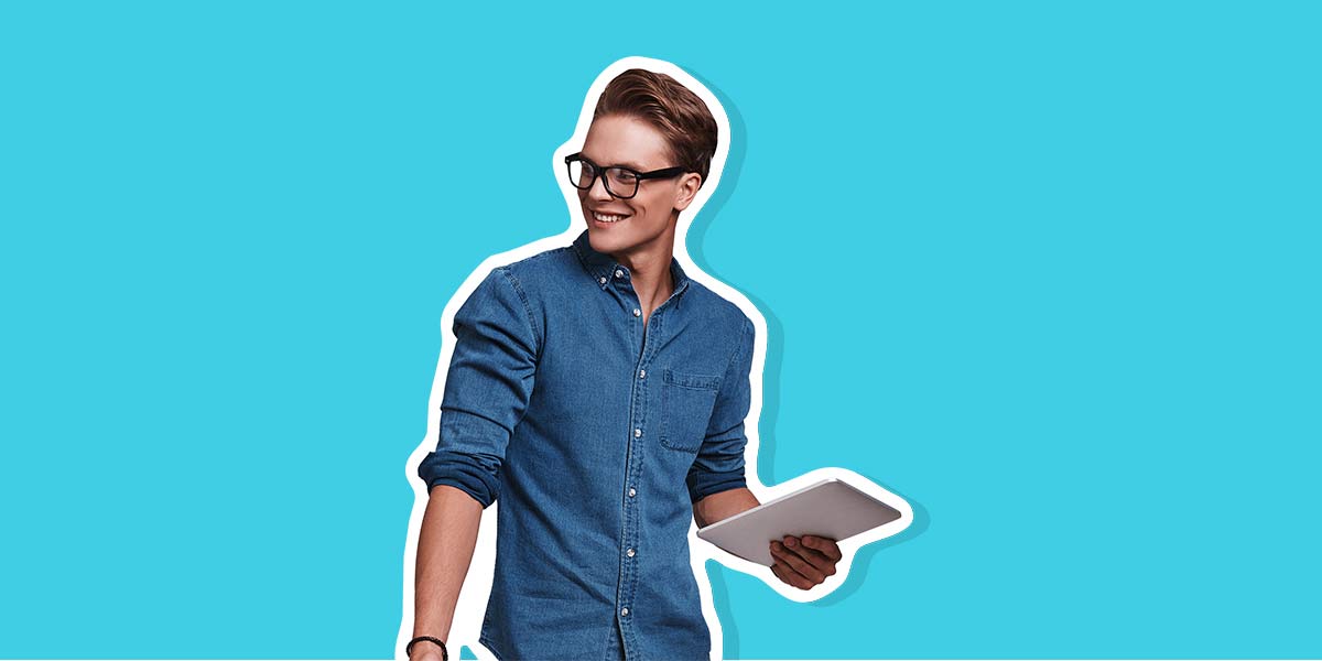 Grafik mit Studenten, der Tablet hält