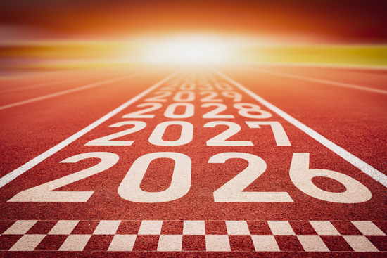 Laufbahn mit Jahreszahlen 2026, 2027, 2028 und noch weiteren (immer kleiner werdend). Hintergrund Sonne/Helligkeit (eher unangenehme Wirkung).