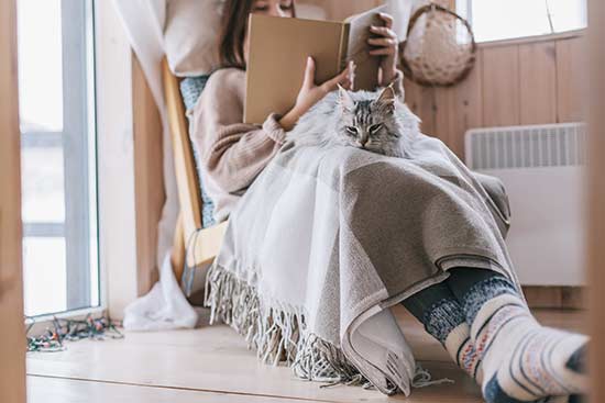 Frau mit Decke sowie dicken Socken und einer Katze auf dem Schoß.