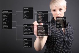 Eine (Programm-)Klassenhierarchie wird transparent im Raum dargestellt, eine Studentin klickt auf ein Klassendiagramm