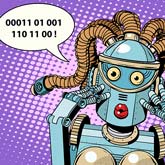 Ein Roboter spricht mit Nullen und Einsen