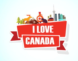 Schriftzug „I love Canada“, darüber einige typische, symbolisierte Dinge aus Kanada