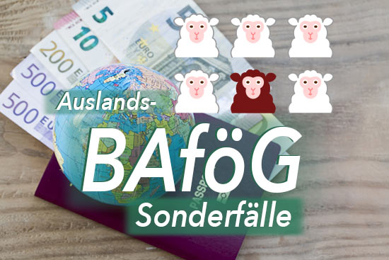 Pass, Globus und Geld auf einer Holzlatte als Hintergrund überschrieben mit Auslands-BAföG + weiße Schafe mit einem braunen