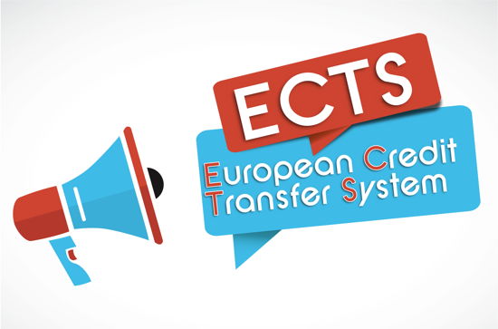 Megaphon, aus dem Sprechblase „European Credit Transfer System“ kommt (und daraus noch eine Sprechblase mit der Abkürzung ECTS)