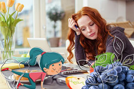 Studentin macht sportliche Übung, Weintrauben, Apfelstücke, Studentin liest