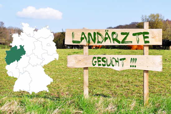 Wiese mit Kühen, davor großes Schild mit Aufschrift „Landärzte gesucht“, links Deutschlandkarte mit Nordrhein-Westfalen markiert