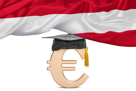 Euro-Zeichen mit Doktorhut wird unterhalb österreichischer Flagge (die wie ein Bühnenvorhang da hängt) sichtbar