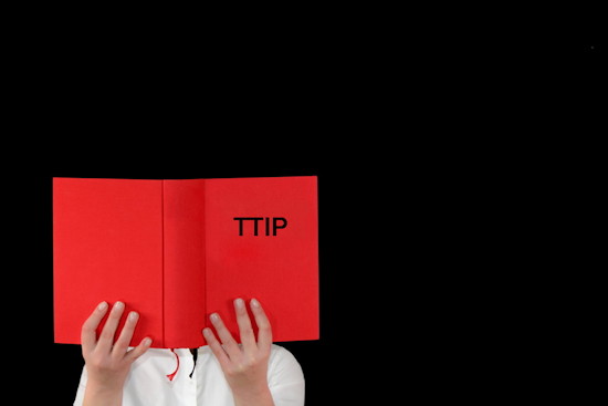 Rotes „Gesetzbuch“ mit kleiner Aufschrift TTIP vor schwarzem Hintergrund