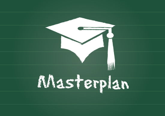 Masterplan auf Tafel geschrieben (mit Doktorhut-Symbol darüber)